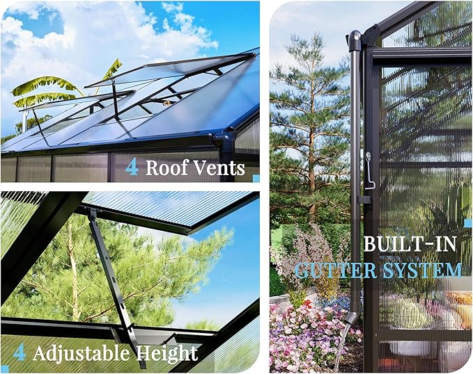 Jocisland 8x12x7.5 FT Greenhouse - Outdoor Aluminum Polycarbonate Greenhouse with Ventilation and Rain Gutter, 4 Swing Doors with Hook, Walk in Greenhouse for Outdoors Backyard Garden, Black