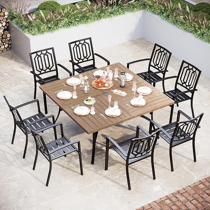 Sophia & William Patio Table and Chairs Set, Outdoor Dining Set for 8, 9 Piece Metal Patio Furniture, 60" Square Table with Wood-Like Tabletop(Geometry)