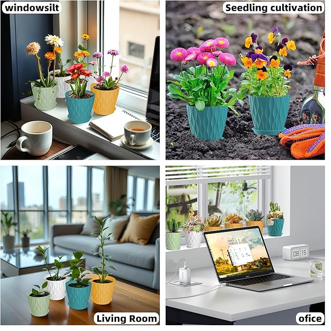 zople 16 Pack 4 Inch Plastic Planter Pots with Tray, Heavy Duty Indoor Outdoor Planter Pots with 48 Drainage Holes for Herbs, Succulents, Seedlings, Flowers Durable and Lightweight Multicolour