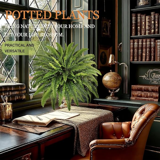 Fake Ferns - 2 Packs Artificial Ferns for Outdoors & Indoors, 45in Large Boston Fern with 55 Fronds, Realistc Faux Greenery Plants Ideal for Porch Entrance Hall Planters Windowsills Office Home Decor