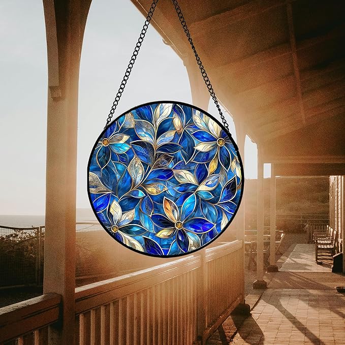 JOSUMALY Stained Glass Window Hanging - Blue Gold Abstract Flowers Suncatcher for Door Terrace Garden Home Decor, Plant Sun Catcher Birthday Gifts for Lovers Women Men Dad Mom Nana 9.8 in