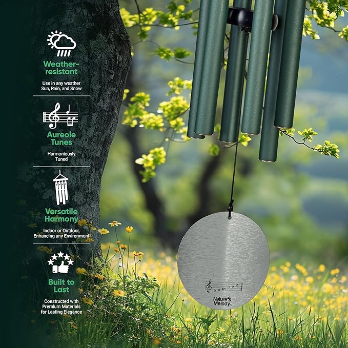 Nature’s Melody Aureole Tunes Wind Chimes – Outdoor Windchime with 6 Tubes Tuned to E Pentatonic Scale, 100% Rustproof Aluminum, Powder Finish & S Hook Hanger for Sympathy, Memorial Gift or Zen Garden