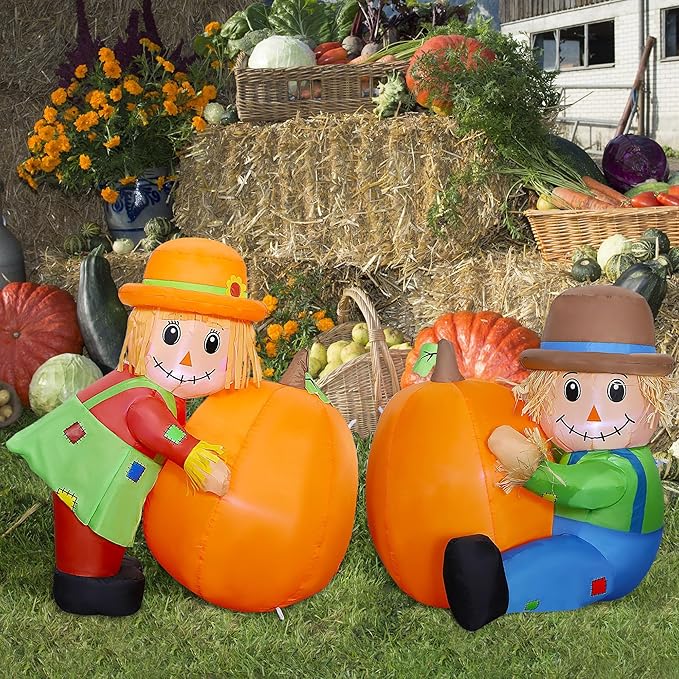 Lulu Home Thanksgiving Inflatable Decoration, Set of 2 Air Blown Scarecrow Couples with Built-in LED Lights for Fall Autumn Harvest Decor (Sitting & Standing Scarecrows)