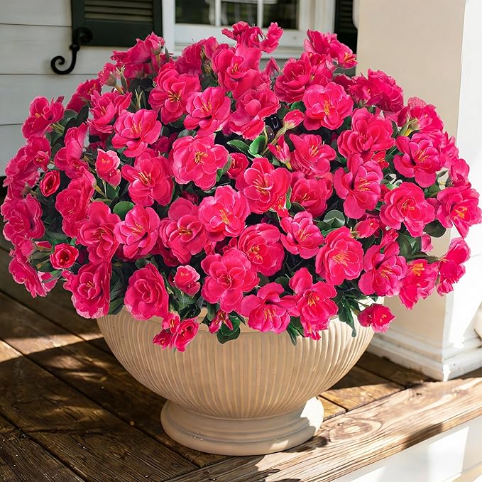Ivydale Artificial Fake Camellia Flowers Plants for Outdoor Outside Spring Decoration, Faux Silk Hotpink Camellias UV Resistant Look Real for Planter Porch Patio Garden Yard, 3 Large Bundles