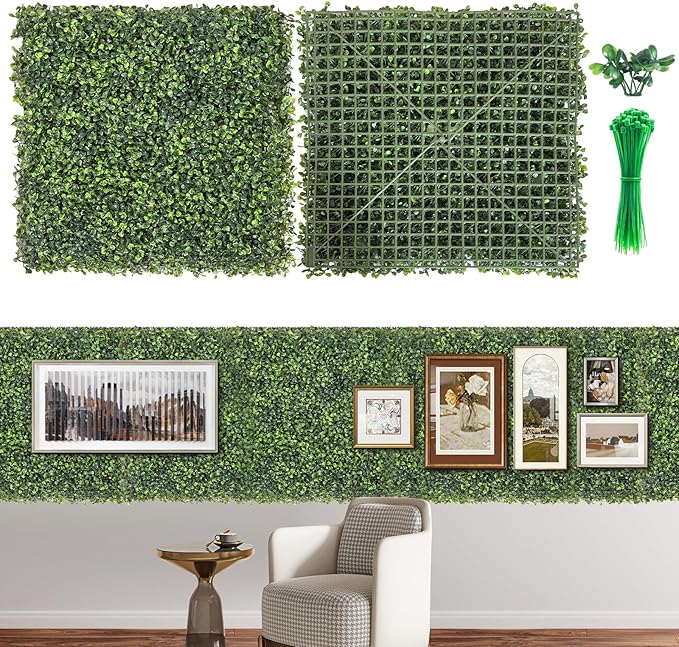 Artificial Grass Wall Panels, 24 PCS 20x20 inch Boxwood Hedge Wall Panels with 100 Zip Ties, Boxwood Backdrop for Outdoor Indoor Decorative Fences Privacy Hedge