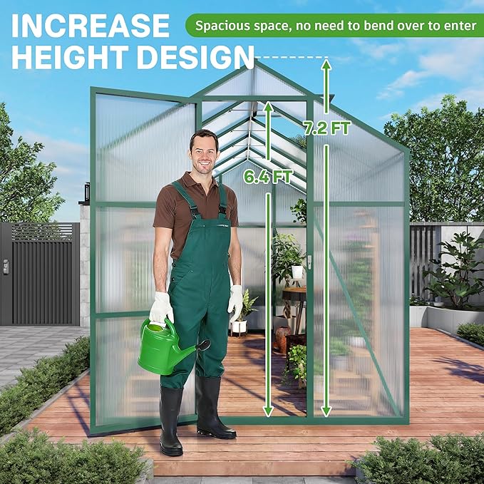 Greenhouse for Outdoors 6.1x10.1x7.2 FT, Polycarbonate Greenhouses with Roof Vent, Lockable Door and Ground Nails, Heavy-Duty Aluminum Walk-in Green House, Large Sunroom for Garden, Green