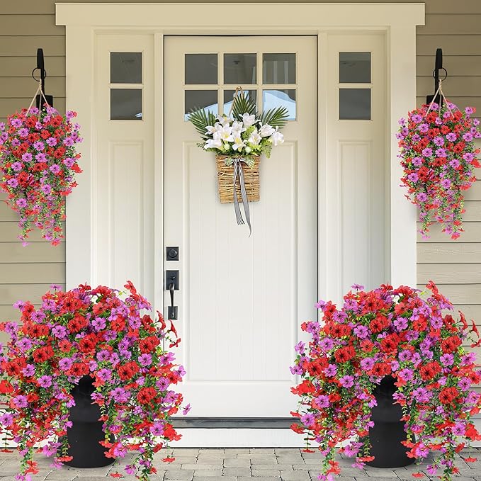 Artificial Fake Hanging Flowers Plants for Outdoor Outside Spring Summer Decoration 2PCS Faux Silk UV Resistant Realistic Mums Daisy with Eucalyptus for Home Porch Patio Balcony(Red & Magenta)