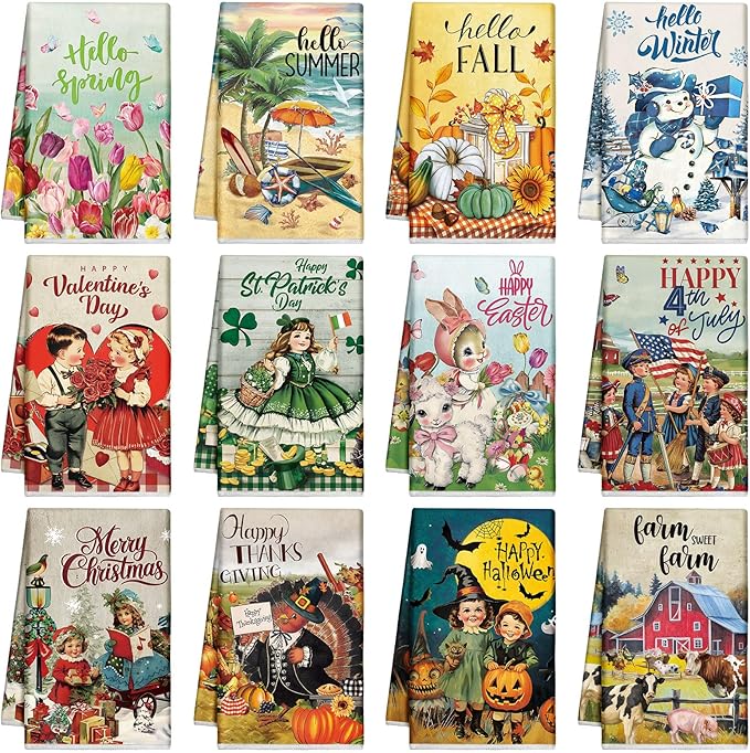 FuWeave 12 Pcs Seasonal Kitchen Towels Set for All Holidays Hand Dish Tea Towels Gift Bulk Valentine's Day Absorbent Dishcloths Housewarming Gift for Cooking Kitchen Bathroom(Vintage Style)