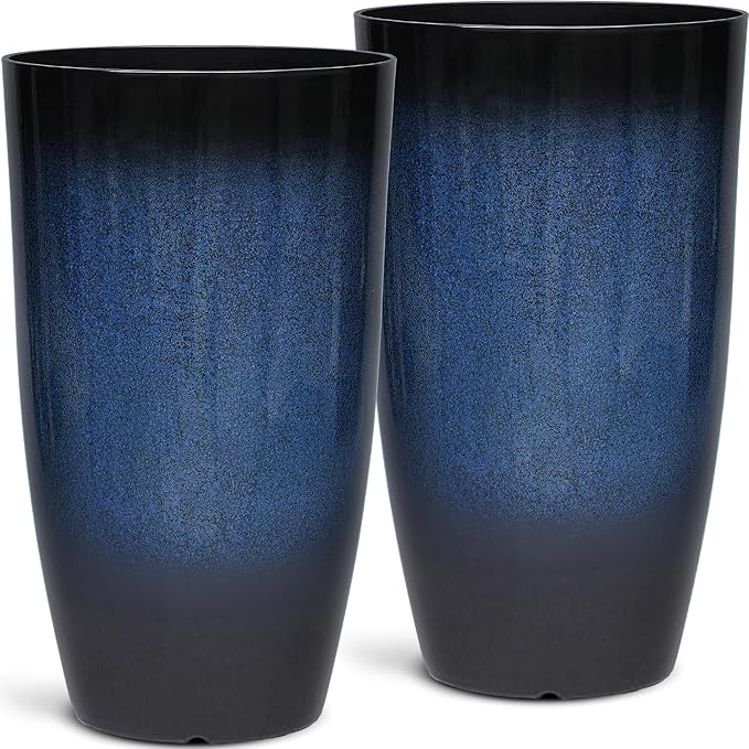 Ultym 23.75" H Large Tall Outdoor Planters, Set of 2 Plastic Large Flower Pots for Outdoor Plants, with Gradient Cobalt Bule Finish, Weather-Resistant for Porch, Garden, Patio or Indoor Use