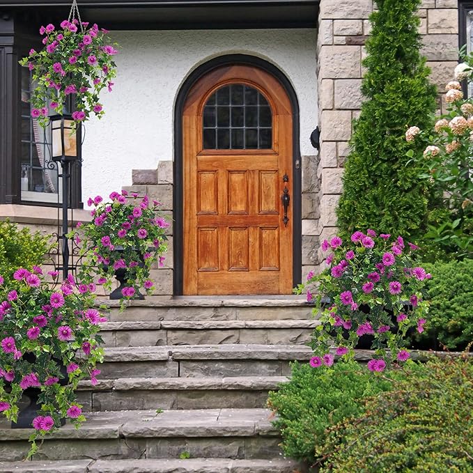Ttranewsoo Artificial Flowers Faux Outdoor Plants Artificial Petunias for Outdoors Uv Resistant Fake Petunias Plants Hanging Flower Patio Decor Outside Basket Realistic Silk Plant No Pot(Purple 2pcs)