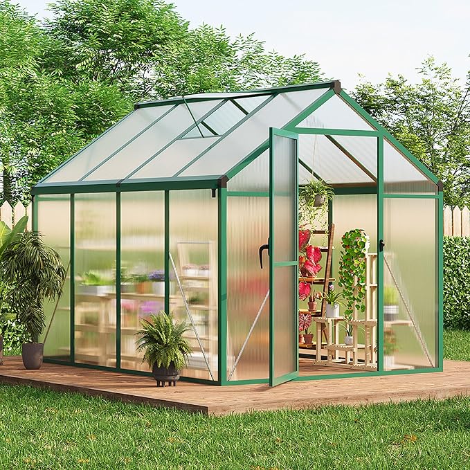 6X8FT Outdoor Greenhouse, Aluminum Polycarbonate House, Green Houses for Outside with Sliding Doors, Ajustable Roof Vent, Withstands Bad Weather for Garden, or Backyard, Green