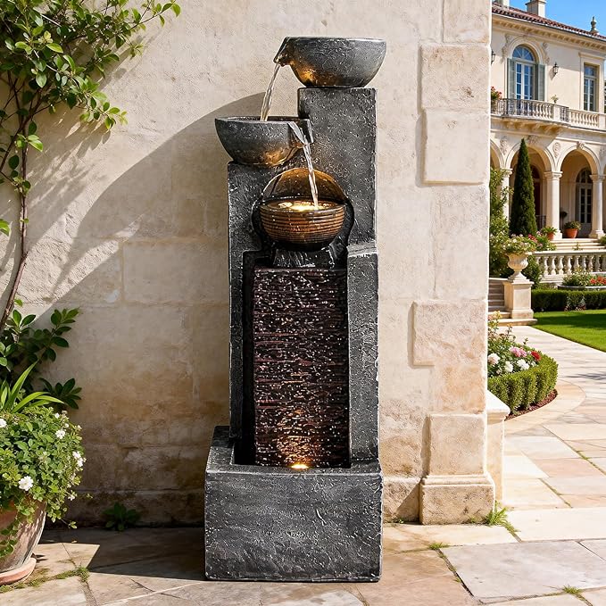 YZM 42.91" H Outdoor Water Fountain with LED Lights 4-Tier Cascading Bowl Waterfall for Garden, Patio, Deck, Porch, Yard, or Indoor Decor