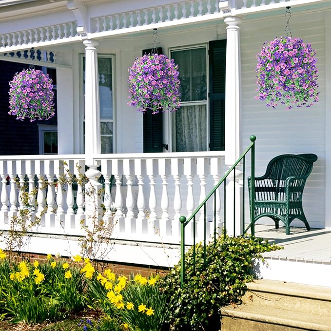 HyeFlora Artificial Hanging Flowers Basket for Outdoor, Fake Flowers Faux Plants Look Real for Yard Gardens Porch Patio Home (Darkpurple+Purple)