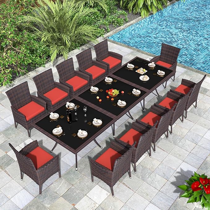 15 Piece Outdoor Dining Set,Rattan Patio Conversation Set of 12 Chairs,Patio Dining Table and Chairs w/Cushions,Square Glass Tabletop,Umbrella Cutout for Patio,Red