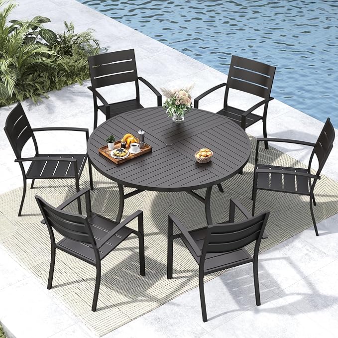 MFSTUDIO Round Patio Table and Chairs, Black Metal Outdoor Dining Set for 6 Persons, 7 Piece Wrought Iron Patio Furniture Dining Set for Deck Backyard Garden