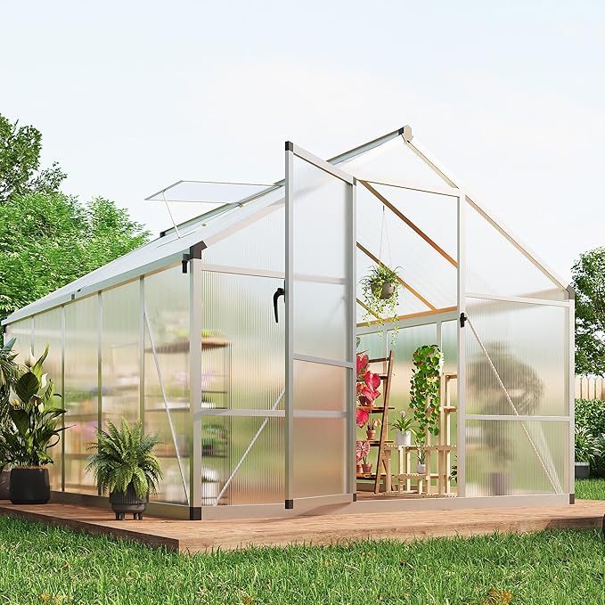 8X10 FT Outdoor Polycarbonate Greenhouse, Sturdy Aluminum Frame, Adjustable Roof Vent, Ideal for Backyard, Patio, or Garden, All-Weather Green House for Growing Plants and Vegetables