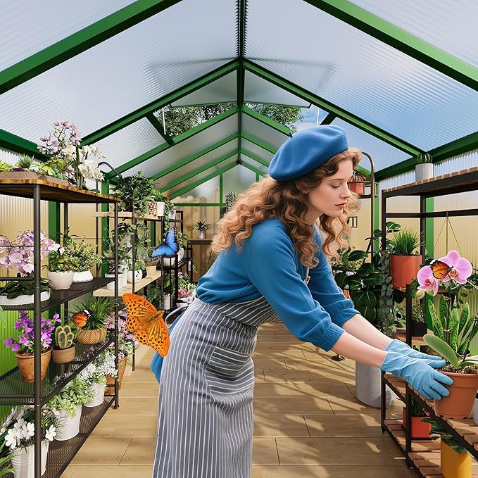 6X10FT Outdoor Greenhouse, Aluminum Polycarbonate House, Green Houses for Outside with Sliding Doors, Ajustable Roof Vent, Withstands Bad Weather for Garden, or Backyard, Green