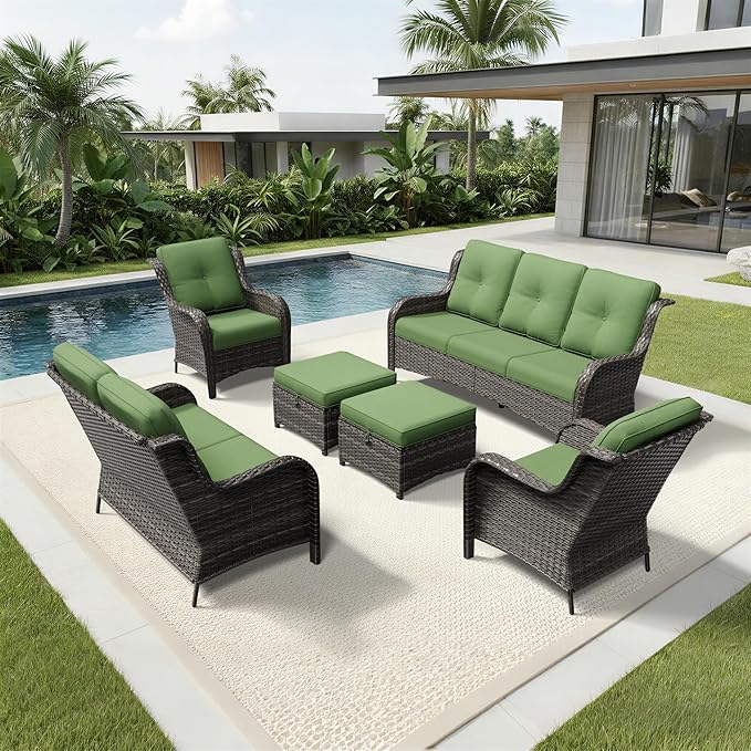Joyside 6 Piece Wicker Patio Furniture Set, Rattan Patio Chairs with High Back, Deep Seating, Wide Armrest, Thickened Cushions, Outdoor Furniture for Deck, Porch Use