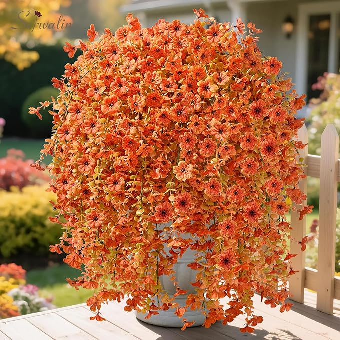 Serwalin 4PCS Artificial Mums for Outdoors, Realistic Silk Artificial Fall Flowers for Outside, Patio, Garden, Porch, Window（Fall Orange,4PCS
