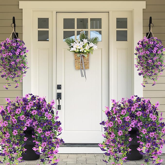 Artificial Fake Hanging Flowers Plants for Outdoor Outside Spring Summer Decoration 2PCS Faux Silk UV Resistant Realistic Mums Daisy with Eucalyptus for Home Porch Patio Balcony(Purple & Magenta)