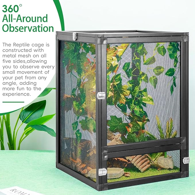 BINANO 13 Gal Detachable and Foldable Reptile Butterfly Cage Terrarium, 360° Observation, Airflow, Interaction in Gecko Tank for Crested Geckos, Leopard Geckos, Chameleons, Bearded Dragons