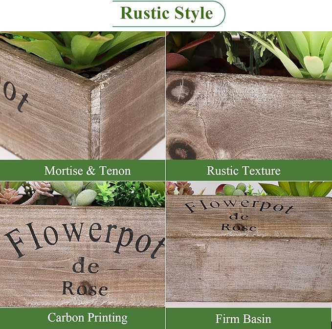 Hopewood Artificial Succulent Plants Arrangement in Wooden Planter, Fake Succulents Plants in Rustic Wood Box, Faux Succulent in Rectangular Pot, Centerpiece, Home Office Shelf Indoor Decor Plants