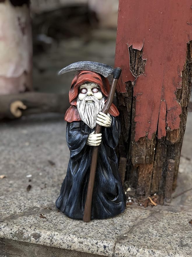 Garden gnome Reaper Statue - Evil Gnome Scary Gnome for Lawn Ornaments, Indoor or Outdoor Decorations, Halloween Decoration - 8.5 Inch Tall