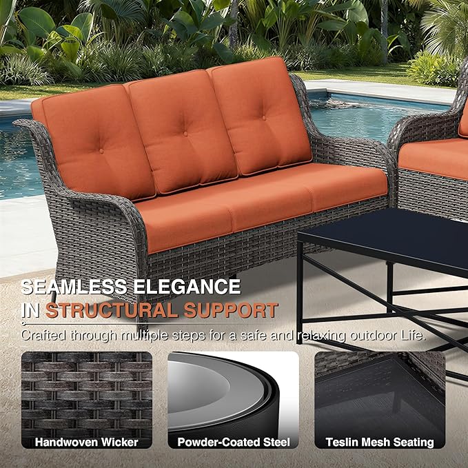 Joyside 7 Piece Wicker Patio Furniture Set, Rattan Patio Chairs with High Back, Deep Seating, Wide Armrest, Thickened Cushions, Outdoor Furniture for Deck, Porch Use