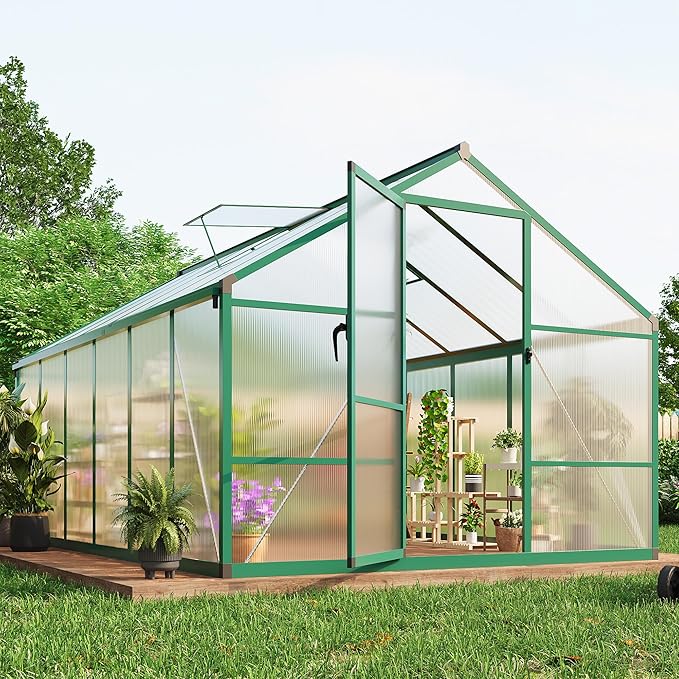 8X12 FT Outdoor Polycarbonate Greenhouse, Sturdy Aluminum Frame, Adjustable Roof Vent, Ideal for Backyard, Patio, or Garden, All-Weather Green House for Growing Plants and Vegetables