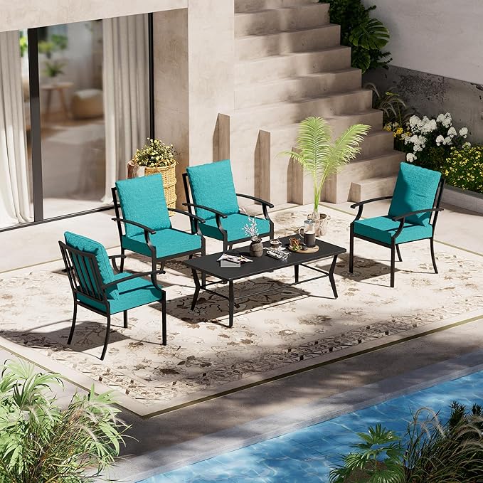 5-Piece Patio Furniture Set, Outdoor Table and Chairs with Rectangular All-Iron Coffee Table and 4 Chairs with Thick Cushions, Patio Conversation Set for Backyard, Balcony and lawns,Blue