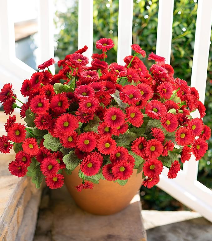 HyeFlora Artificial Dahlia Flowers for Outdoors Faux Plants Spring Decor, 6 Bundles Red Fake Silk Flowers for Outside Realistic UV Resistant for Planter Front Door Porch Patio Balcony Yard Home