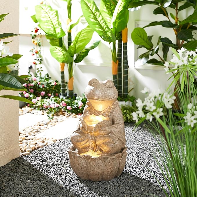 Glitzhome 2-Tiered Zen-Style Frog Polyresin Outdoor Fountain with Pump and LED Light, 21.75" H, Sand Beige