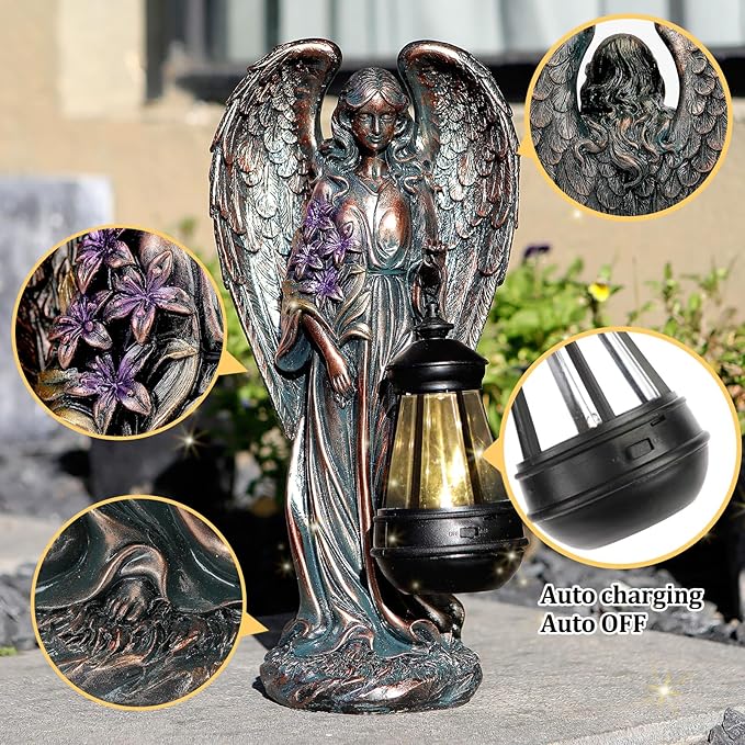 VChymm Solar Angel Outdoor Garden Decor Statues – 13.2 inches Solar Outdoor Sculptures for Outside Yard Art Patio Balcony Front Lawn Ornaments Gifts for Mom Grandma Women（Bronze）