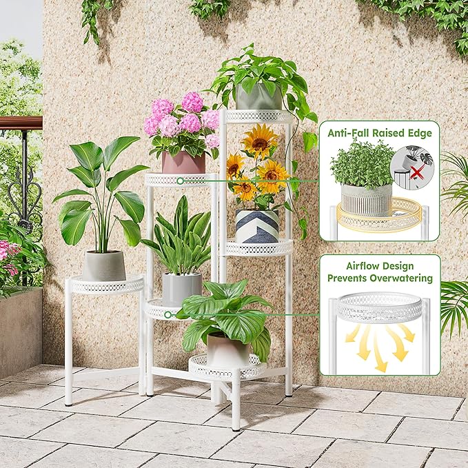 NQW 6 Tier Metal Plant Stand, 6 Potted Multiple Flower Pot Holder Shelf, Indoor&Outdoor Folding Planter Display Shelves for Patio Garden, Living Room, Corner Balcony, Bedroom - WhiteWave