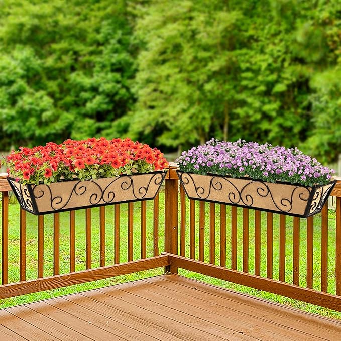 Y&M 24 Inch Window Deck with Coco Liner, Fence Metal Hanging Flower Planter Window Basket Deck Railing Planter Boxes for Outdoor Garden Lawn-Butterfly,6pcs