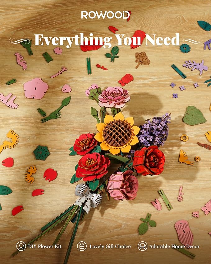rowood 3D Wooden Puzzles for Adults, DIY Artifical Flower Building Set Craft Kit for Women,Mother's Day/Valentine's Day/Thanksgiving Day/Christmas/Birthday Gift -Sunflower