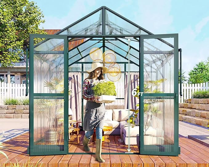 Jocisland 7.5x7.6x7.4 FT Outdoor Aluminum Polycarbonate Greenhouse with Ventilation and Rain Gutter, Double Swing Doors with Hook, Walk in Greenhouse for Outdoors, Backyard, Garden (Green)