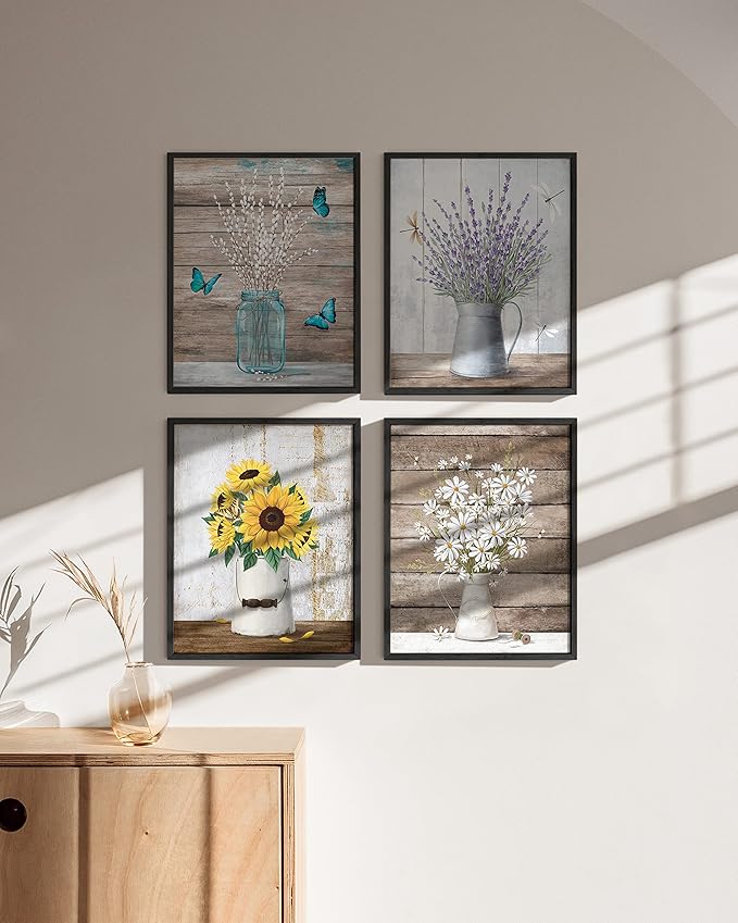 HAUS AND HUES Flower Wall Decor - Set of 4 Floral Wall Art, Framed Flower Painting, Floral Pictures for Kitchen, Bedroom, Living Room (Black Frame, 16x20)
