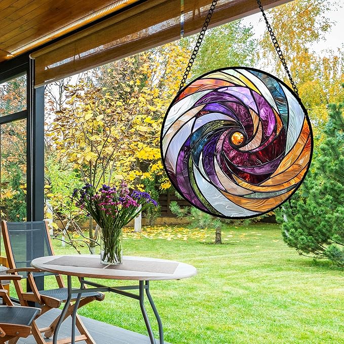 Stained Glass Window Hanging, Colorful Abstract Spiral Pattern Suncatcher for Doors Window Home Sun Catchers Decoration Mother's Day Birthday Gifts for Women, Men, and Mom 9.8 in