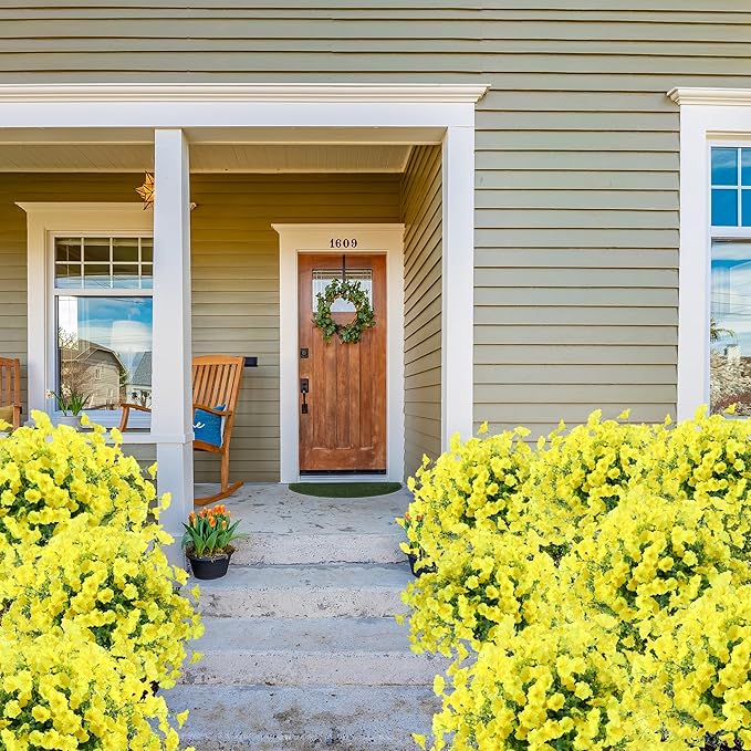 Artificial Flowers for Outdoors 12 Bundles Realistic Faux Plants UV Resistant Fake Silk Morning Glory with Eucalyptus for Front Door Planter Patio Porch Outside Spring Summer Decoration (Yellow)