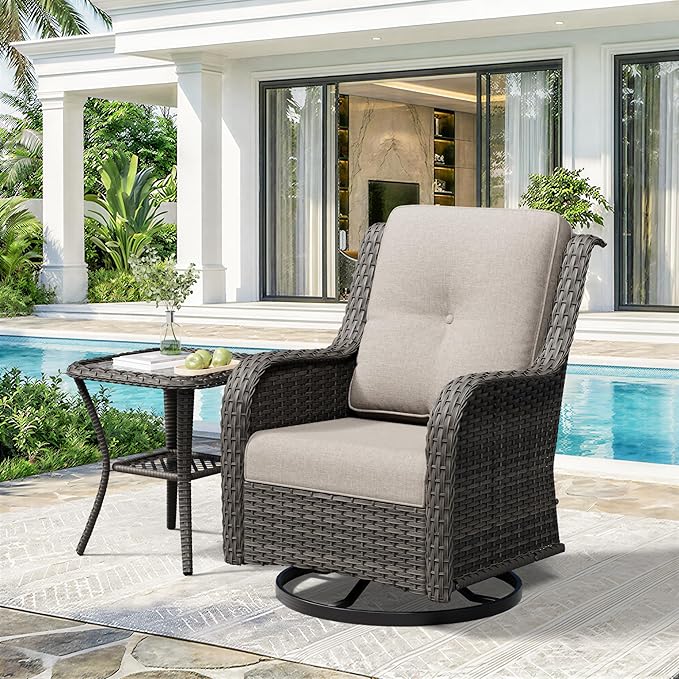 2 Pieces Outdoor Swivel Rocker Patio Chairs Set - Outdoor Wicker Patio Furniture Sets with 1 Side Table, Olefin Fabric Cushions Suitable for Backyard Deck and Porch, Beige