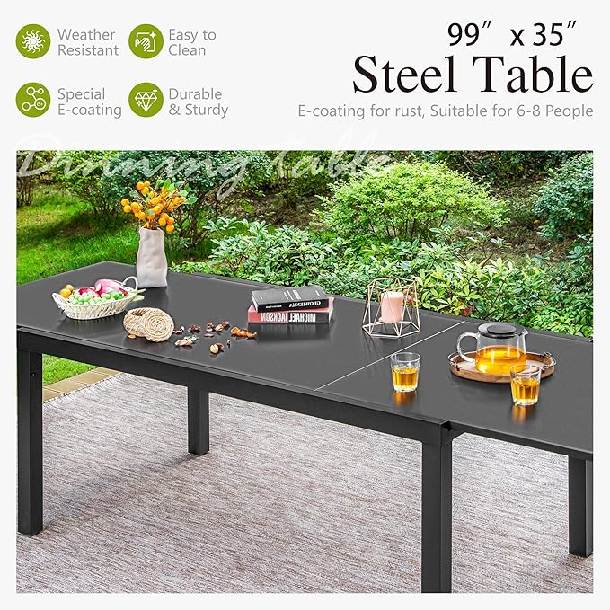 Sophia & William Expandable Patio Dining Table, Extra Large 99.2" L x 35.5" W Outdoor Dining Table for 6-10 Person Metal Rectangular Patio Table with E-Coating for Garden Porch Deck (Black)
