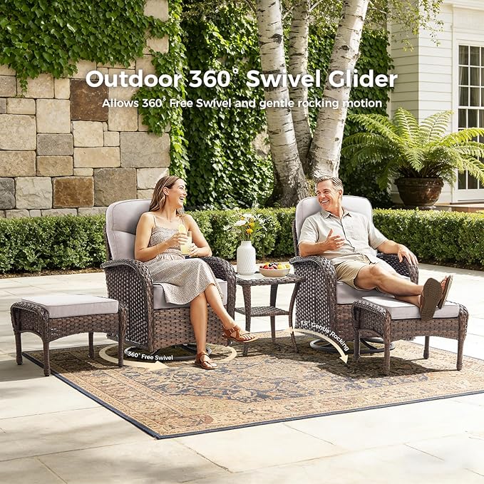 Luxury Patio Furniture Set with 6-inch Thick Cushions, Outdoor Furniture Set with High Back Swivel Chairs, 7 PCS Wicker Outdoor Conversation Set for Porch, Patio, Yard, Deck, Poolside, Brown/Beige