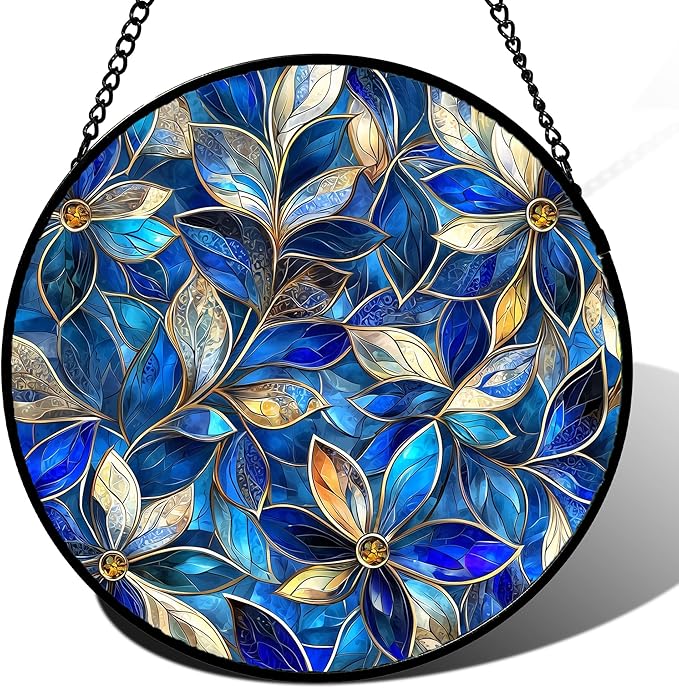 JOSUMALY Stained Glass Window Hanging - Blue Gold Abstract Flowers Suncatcher for Door Terrace Garden Home Decor, Plant Sun Catcher Birthday Gifts for Lovers Women Men Dad Mom Nana 9.8 in
