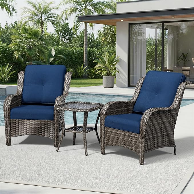 Joyside 3 Piece Wicker Patio Furniture Set, Rattan Patio Chairs with High Back, Deep Seating, Wide Armrest, Thickened Cushions, Outdoor Furniture for Deck, Porch Use