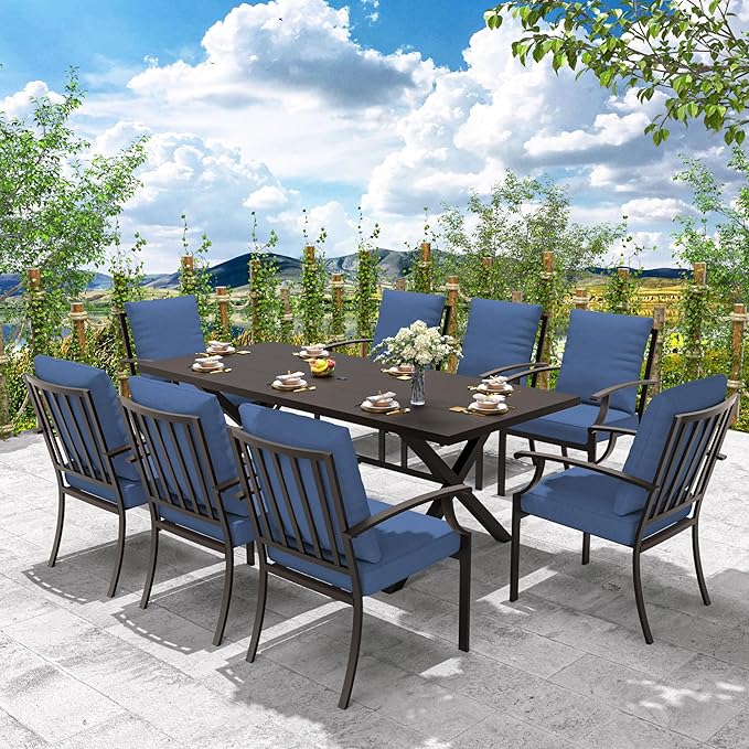 9-Piece Patio Dining Set Outdoor Conversation Set,Metal Outdoor Furniture Set with Umbrella Hole Cut-Out 78.7" x 35.4" Table and 8 Metal Backrest Chairs for Backyard,Garden,NavyBlue