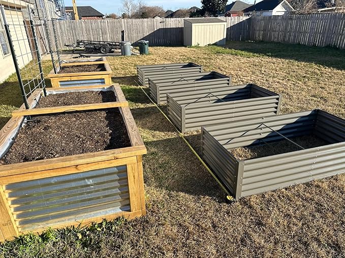 A ANLEOLIFE 6-Piece 18 Inch Tall Quartz Grey Raised Garden Beds Kit, Rectangular & Square Metal Planters for Structured Garden Layouts