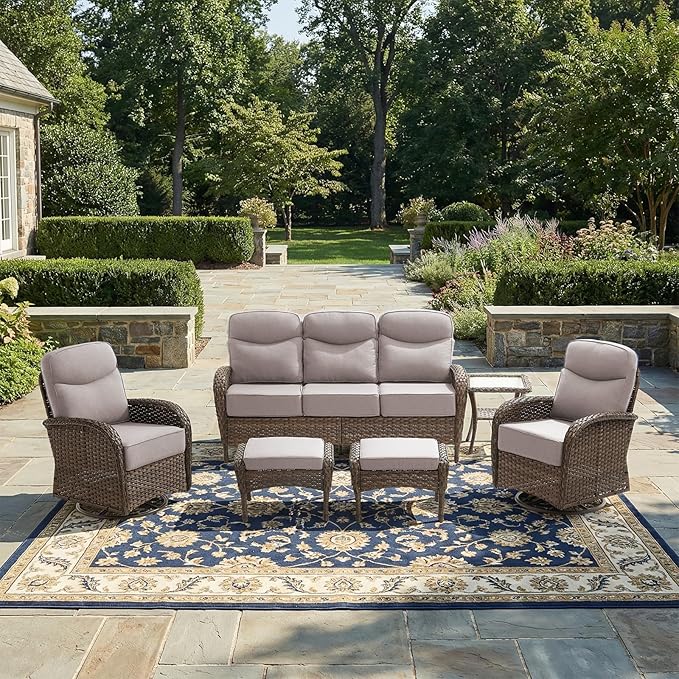 Luxury Patio Furniture Set with 6-inch Thick Cushions, Outdoor Furniture Set with High Back Swivel Chairs, 6 PCS Wicker Outdoor Conversation Set for Porch, Patio, Yard, Deck, Poolside, Brown/Beige