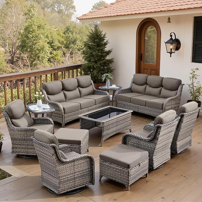 Belord Luxury 6" Thick Cushioned 11 Pieces Patio Furniture Set with Outdoor Couch, Wicker Outdoor Conversation Set with High Back Swivel Rocker Chairs for Deck Porch Yard and Poolside - Grey+Grey