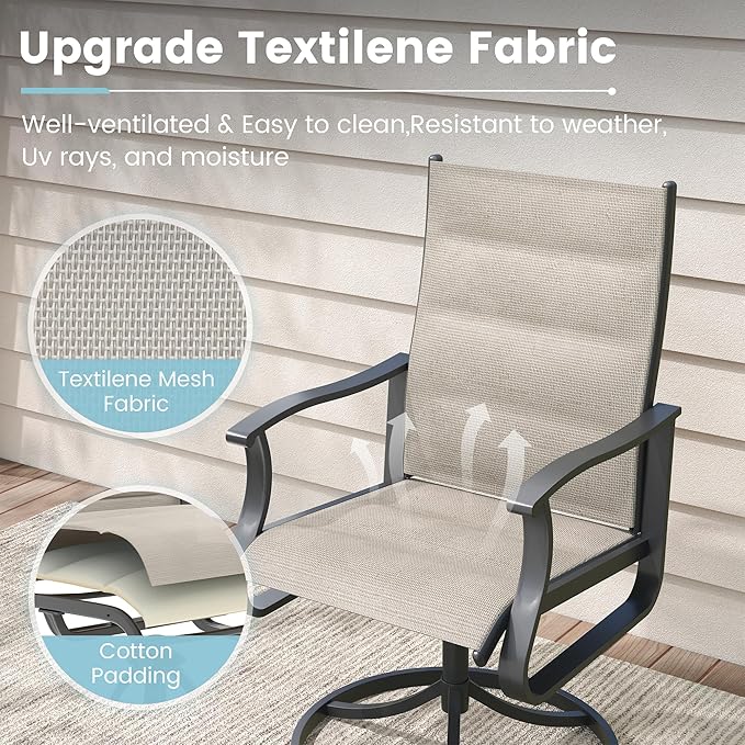 Patio Swivel Chairs Set of 6, Outdoor Dining Chairs with High Back, 360° Swivel Rocker Chair in All-Weather Padded Textilene & Metal Frame for Garden, Porch, Backyard, Balcony(Padded Beige)